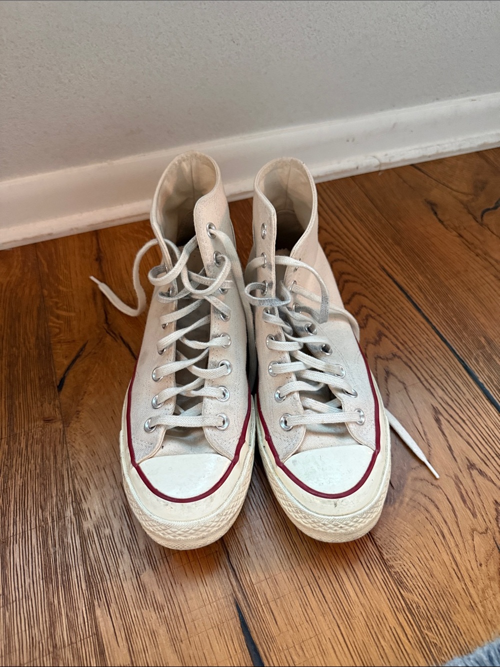 Converse High Top Sneakers in Cream with Red Trim - Picture 2 of 4